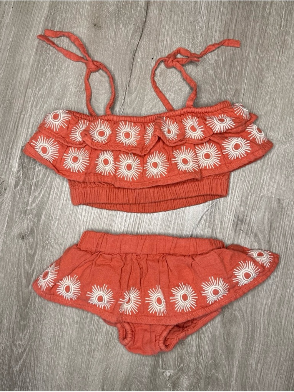 kate quinn Coral Ruffle Skirted Bikini Bottoms with Sunburst Embroidery